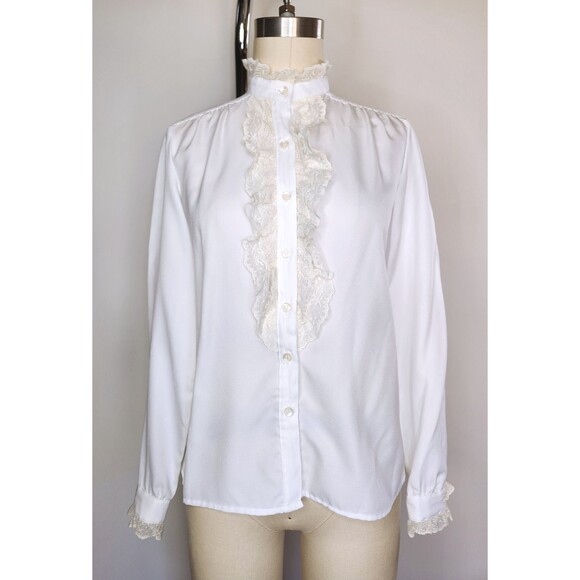 1970s LANZ Lace Blouse Ruffled Button Down Shirt Blouse KOREAN Collar size XS - Picture 3 of 10